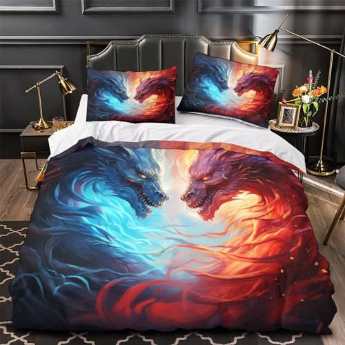 Housse de couette dragon de feu et glace 3D parure de lit microfibre king 220x240 cm