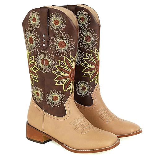 レトロウエスタンカウボーイ太陽の花縫製花刺繍ブーツ女性の レトロウエスタンカウボーイ太陽の花縫製花刺繍ブーツ女性の