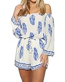 SIMSHION Women's Boho Floral Print Off Shoulder Strapless Short Jumpsuit Playsuit Romper WhiteBlue M