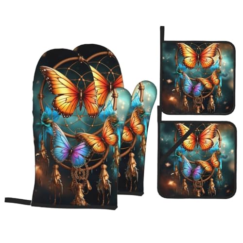 DJUETRUI Dream Catcher - Juego de 4 manoplas de horno y soportes para ollas con estampado de mariposa, guantes de cocina de alta resistencia al calor y almohadillas calientes, antideslizantes