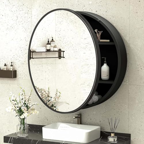 Image of iSTAR Round Bathroom Mirror Cabinet with Storage, HD Silver-Coated Wall Mounted Mirror with Shelves for Bathroom & Washroom (Black)