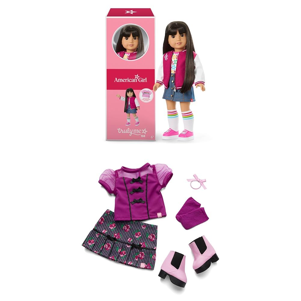 Bundle of American Girl Truly Me 18-inch Doll #130 with Brown Eyes, Straight Black-Brown Hair, Light-to-Medium Skin, for Ages 6+ + Truly Me 18-inch Doll Outfit, Bows &amp; Blooms Outfit, for Ages 6+