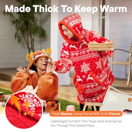 Image of Giggling Getup Wearable Blanket Hoodie for Women Men - Oversized Flannel Sherpa Fleece Sweatshirt Blanket with Giant Pocket & Sleeves - Cozy Warm Blanket Birthday Gift for Adult Red Christmas Reindeer