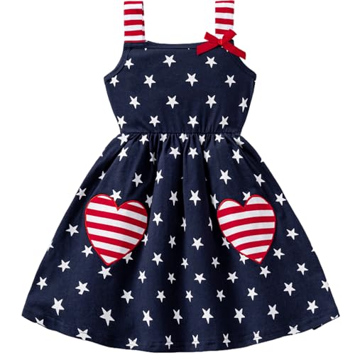 GOTHLETIC Girls American Flag Dress Toddler 4th of July Outfits Ribbon Bow Heart Patriotic Clothes (1997-2-3t)