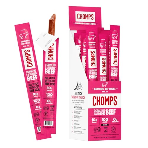 Chomps Grass-Fed and Finished Spicy Habanero Beef Jerky Snack Sticks 24-Pack - Keto, Paleo, Whole30, 10g Lean Meat Protein, Gluten-Free, Zero Sugar Food, Non-GMO