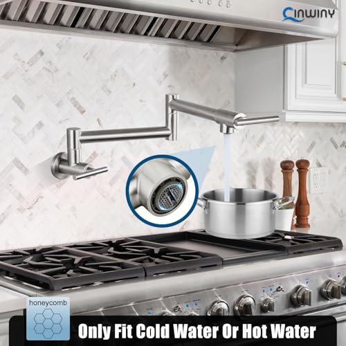 Image of Brushed Nickel Pot Filler Wall Mount Kitchen Restaurant Sink Faucet Stainless Steel Stretchable Commercial Faucet with Folding Double Joint Swing Arm Single Hole Two Handles