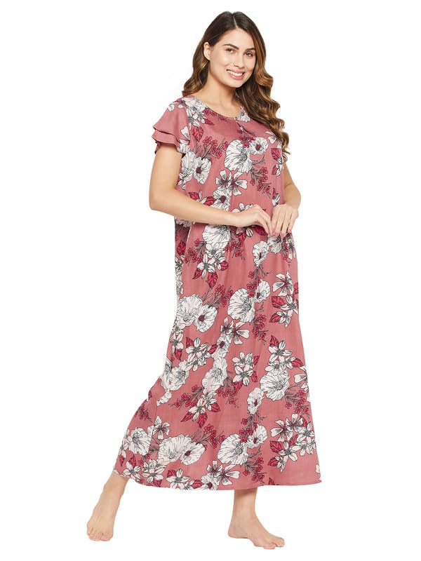 Image of Clovia Women's Rayon Printed Long Night Dress - Pink