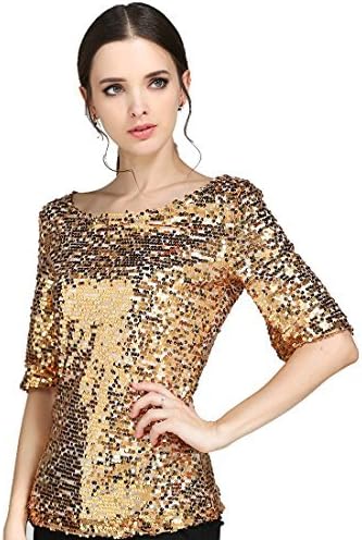 Glistening Sequin Cocktail Club Party Top Shimmer Glam Glitter Plus Size T-Shirt (Golden, XXXL)
