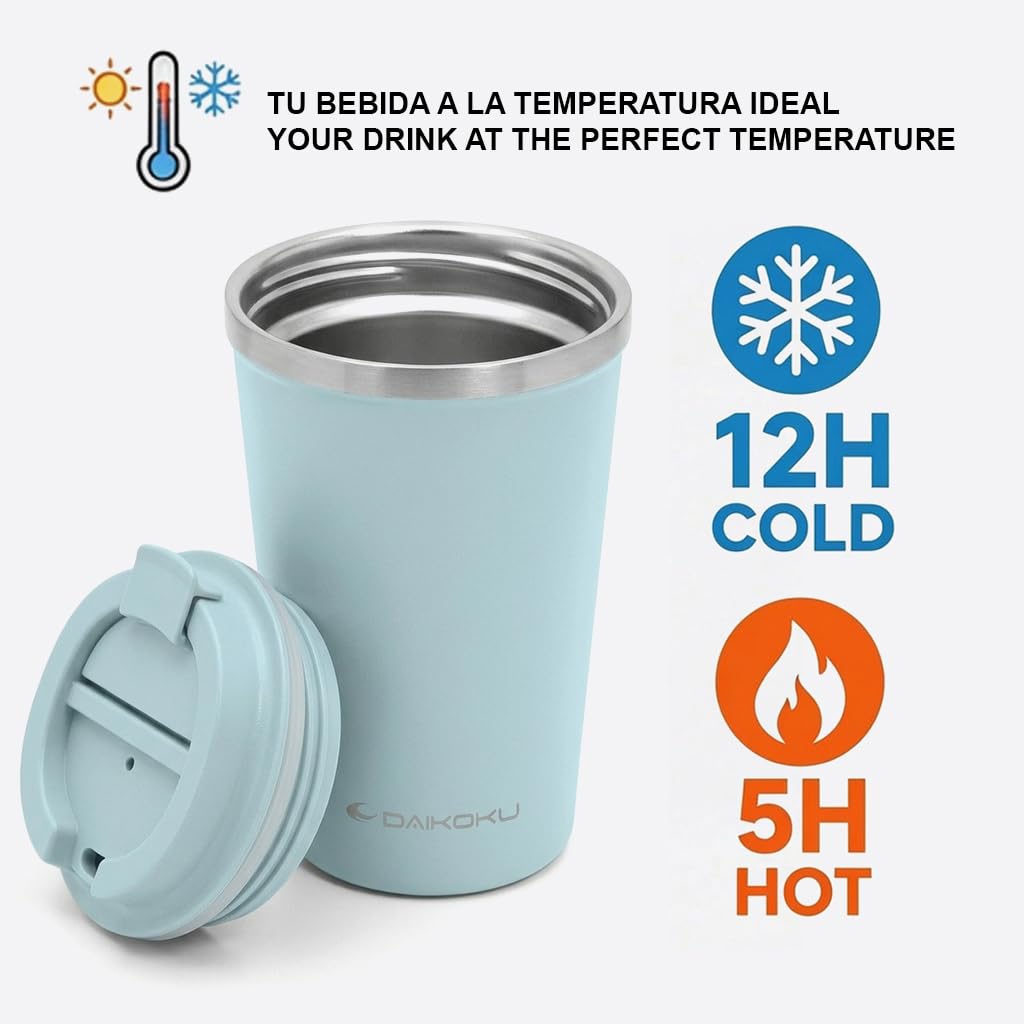 Daikoku Vaso Termico Hermetico 350ml Acero Inoxidable | Tapón Rosca Antigoteo y Antifugas | Doble Pared Aislante Sin BPA | Bebidas Frías 12h y Calientes 5h | Color Azul