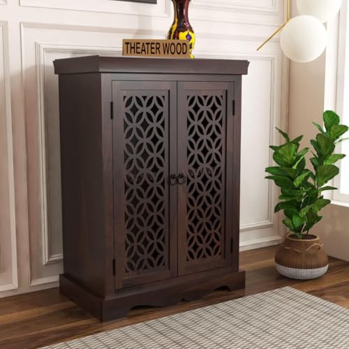 Image of Solid Sheesham Wood Sideboard and Cabinets | Wooden Side Board Small Cabinet for Living Room | Free Standing Buffet Cabinet with 2 Door Cabinet Storage | Rosewood, Walnut Finish