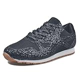 Women's Fashion Glitter Lace Up Sneaker Lightweight Sparkle Casual Shoes, Black, 6.5