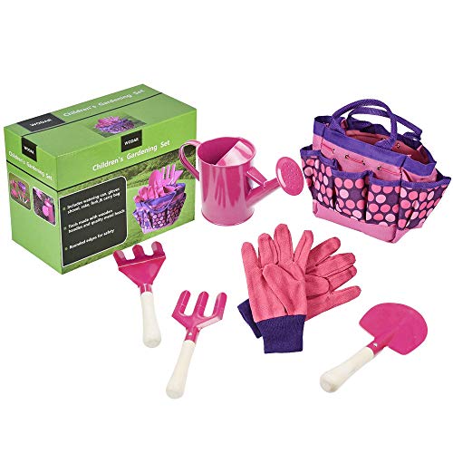 PiscatorZone Children Gardening Tools Set, Kids Garden Tool Toys Including Watering Can, Gardening Gloves, Shovel, Rake, Trowel, Cloth Bag (Pink)