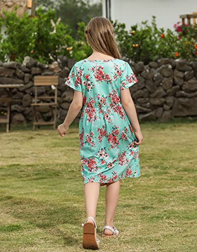 21Kids Girls Floral Maxi Dress Kids Casual Short Sleeve Tshirt Dress With Pockets,Light Green, 6Years #TOP5
