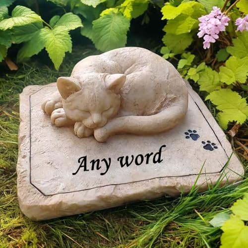 Personalized Cat Memorial Garden Stones With Sleeping Cat Statue, Sympathy Cat Grave Markers Cemetery Stones Engraved With Any Word.