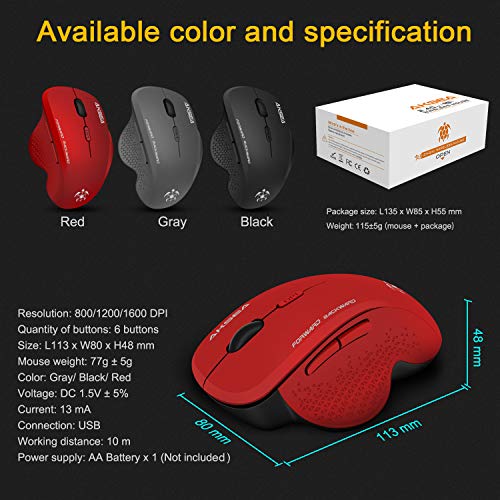 AKSEA Mouse Wireless 2,4 G, Mouse Ergonomico, 6 Tasti, Mouse per PC Portatile, USB, con Nano Ricevitore a 3 Livelli DPI,Compatibile con Windows 10/8/7/XP/Vista, per PC Mac(Rosso)