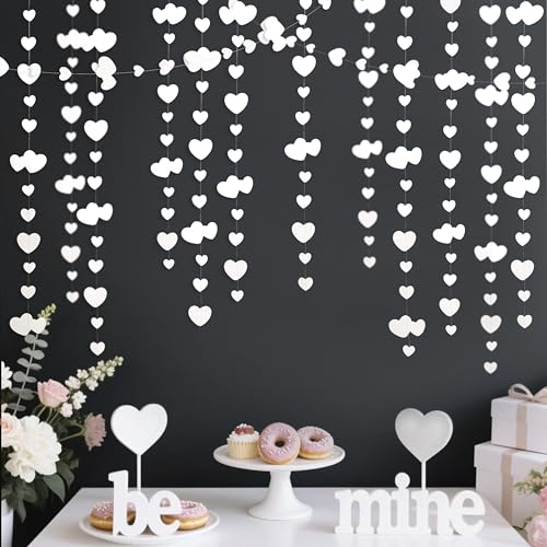 Image of 52Ft Valentines Day Party Decorations White Heart Garland White Love Heart Hanging Paper Streamer Banner for Wedding Anniversary Bridal Shower Engagement Mothers Day Bachelorette Winter Party Supplies