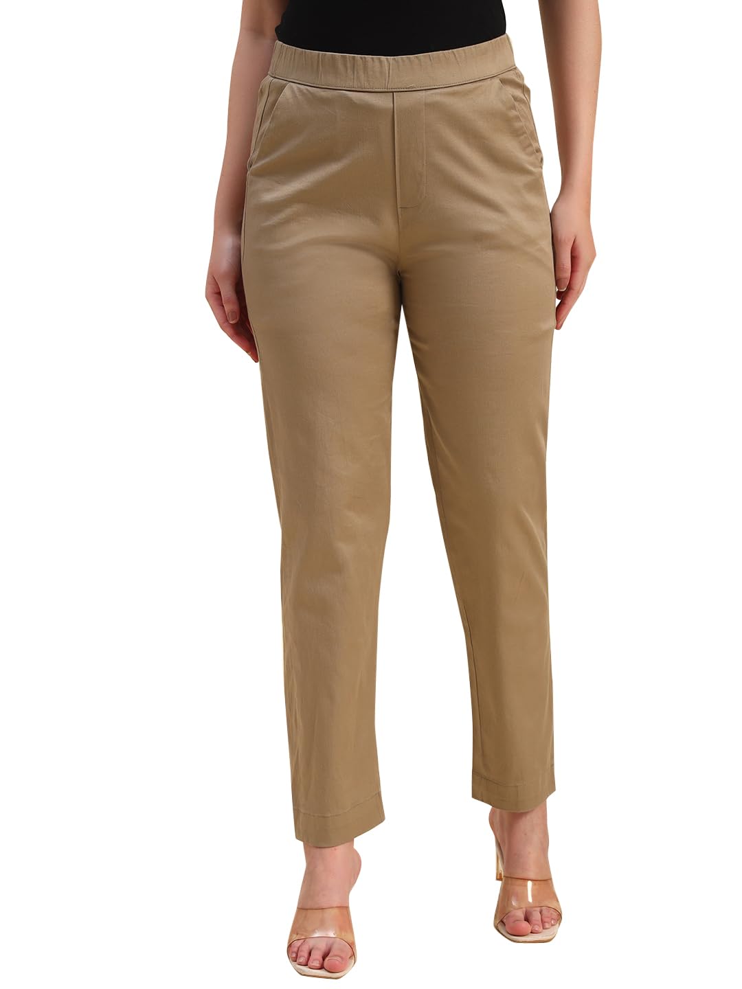 Highlander Women's Cotton Slim Fit Pant with Half-Elasticated Waist | Regular Pull-On Straight Leg Trousers for Women in neutral
