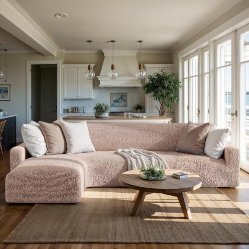 Image of Bellissima Sofa Covers - Premium Luxury Microfibra Plain Stretchable L Shape Left Sofa Cover Fully Covered Slipcover, Imported from Italy (Champagne)