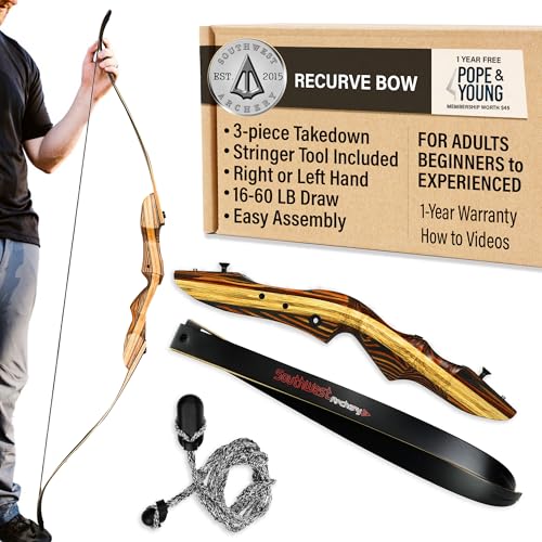 Southwest Archery Tigershark PRO V2 Takedown Recurve Bow – 62" Hunting Bow – Left & Right Handed – Draw Weights in 25lb-60lb – USA Based Company – Includes Stringer Tool (PRO V2, Right Hand, 35lb)