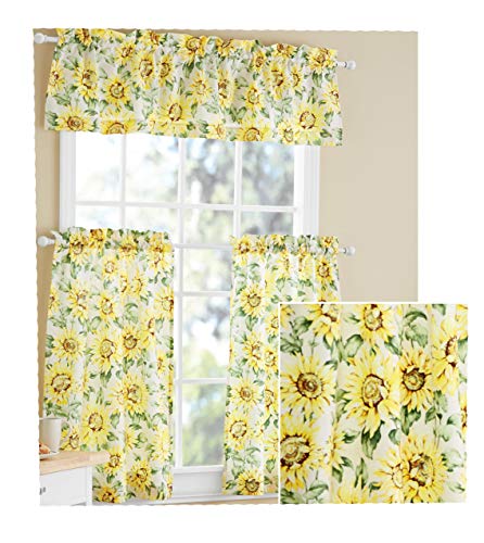 Sunflower 3 Piece Valance & Tiers Cafe Curtain Set Country Kitchen Yellow Ivory