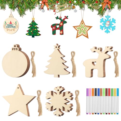 DUTIFUL 50 Stück Holzanhänger Weihnachten Weihnachtsbaum Holzanhänger Christbaumschmuck zum Bemalen Holzanhänger Weihnachten zum Bemalen mit 12 Stück Stift DIY Weihnachtsdekoration Holz