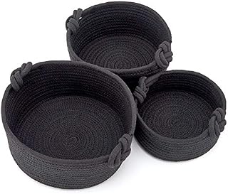EZOWare Set of 3 Round Natural Cotton Rope Shelf Basket, Soft Storage Organiser Perfect for Home Decor, Closet, Toys - Black Multi-Sized
