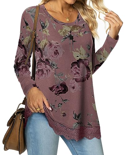Netsmile Women's Tops Fall Long Sleeve Tunics Loose Dressy Casual Shirts Lace Hem Crewneck Sweatshirt for Leggings