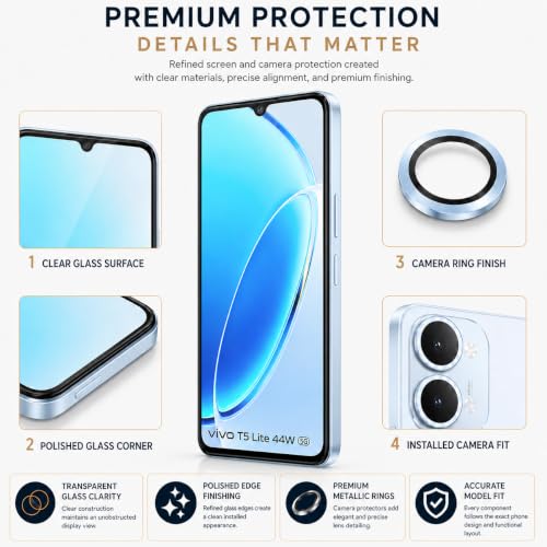 Image of ArmourPro Edge to Edge Tempered Glass for Vivo T5 Lite with Blue Camera Ring Guard, 9H Screen Protector, Anti-Scratch, Anti-Fingerprint, Bubble-Free Installation Kit