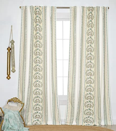 Image of Tranquebar Curtain Co. Cotton Curtains 8 Feet Long, 60-65% Room Darkening, Turquoise Geometric Floral Print, 8 Feet Curtains, 8 Feet Curtains, BackTab Loops, Design Gami (244 cm) - Set of 2