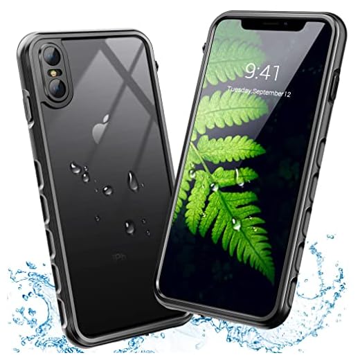 iPhone X Waterproof Case, EFFUN Wireless Charging Support IP68 Certified Waterproof Cover Dust/Snow/Shock Proof Case with Cell Phone Holder, PH Test Paper, Stylus Pen and Floating Strap Black