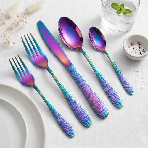 Image of Hammered Rainbow Silverware Set | 5-Piece Premium Stainless Steel Flatware Set | Dishwasher Safe Cutlery Set for Home, Restaurant & Gifting
