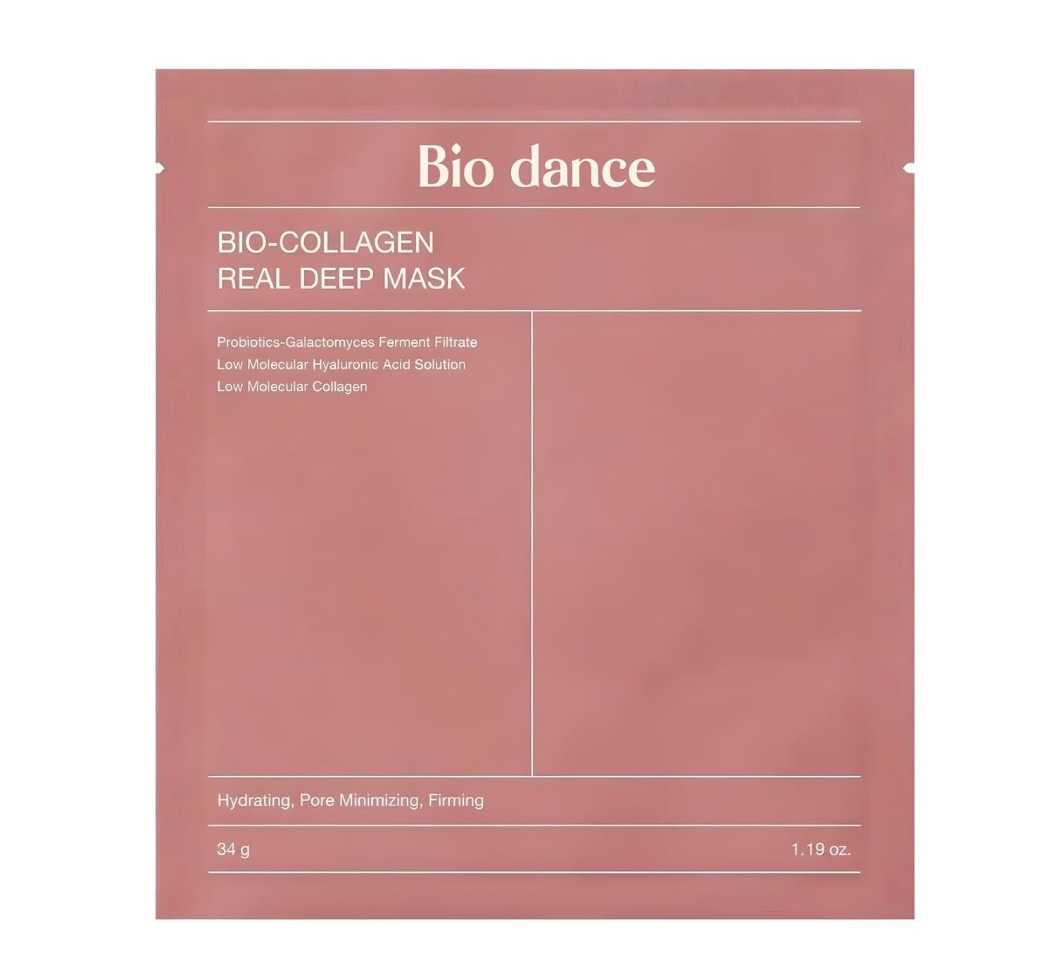 Bio Dance Korean Skincare Bio-Collagen Real Deep Mask, Hydrating, Pore Minimizing, Firming, with Hyaluronic Acid and Collagen, 34 g