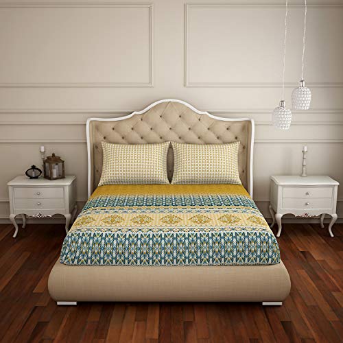 Image of Spaces Atrium Plus 210 TC 100% Cotton Queen Size Fitted Double Bedsheet with 2 Pillow Covers (Ornate, 60 inch X 78 inch Inches ) - Mustard
