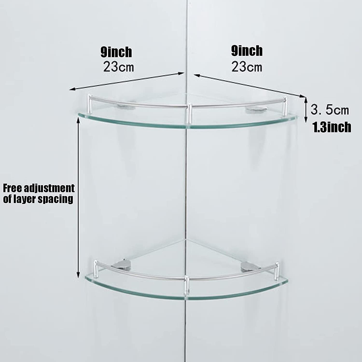Paquete de 2 estantes de Vidrio esquinero para baño, Estante de Vidrio Templado Sector de Acero Inoxidable montado en la Pared, para baño, Dormitorio con guía