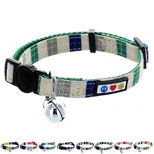 Pawtitas Collar de Gato Multicolor con Hebilla de Seguridad Collar de Gato con Campana Desmontable Collar de Gatito Azul/Verde/Beige Collar de Gato