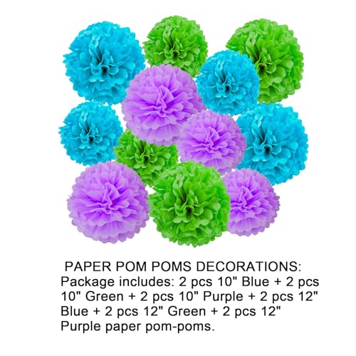 Image of 12pcs Blue Green and Purple Paper Pom Poms Decorations for Birthday Party Decorations - 3 Colors of 12 Inch, 10 Inch
