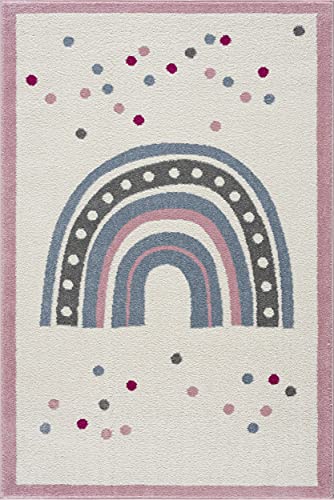 LIVONE Kinderteppich Regenbogen Streifen Punkte Creme rosa blau Silber grau Größe 120x170 cm
