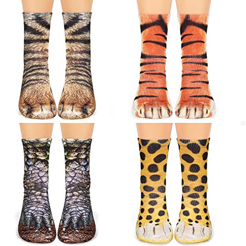 Animal Print Paw Crew Socks 4 Pair Novelty 3D Socks Dinosaur Tiger Leopard Cat Paw Socks for Women Boys Girls Kids