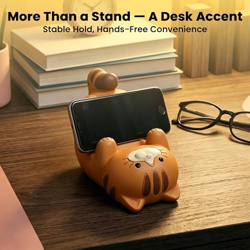 Image of ZORBES Resin Cat Figurine Phone Stand Holder, Sturdy Design to Hold Smartphones Without Tipping, Cute Mobile Stand for Desk, Gift for Cat Lovers, Desk Decor Accessory