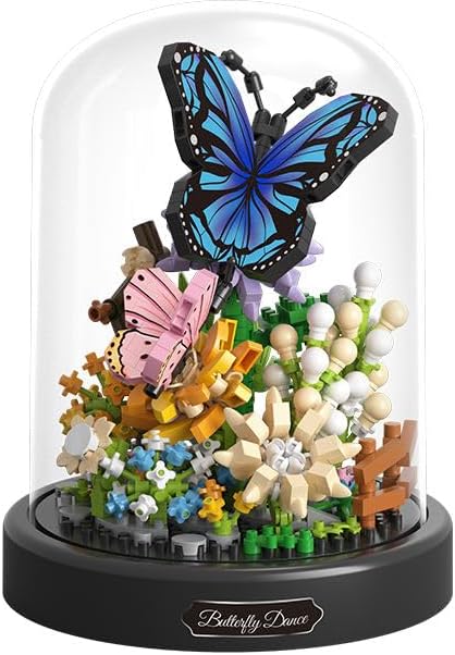 Vend Trendy Flower Bouquet Building Set, Mini Bricks Insect Building Blocks, with Life-Size Blue Morpho Butterfly Models and Dust Cover, Ideas Gift for Nature Lovers,530pcs