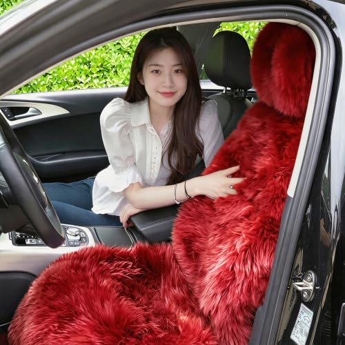 Image of 2 Pack Red Fluffy Sheepskin Car Seat Covers for Soft Auto Fur Pet Cushion