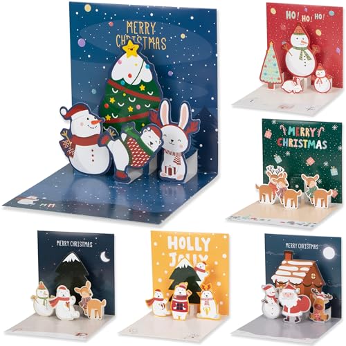 Sumairs 3D Weihnachtskarte Pop-Up Karte, 6er-Pack 2024 Weihnachten 3D Grußkarte mit Umschlag, Premium Papier Pop-Up...