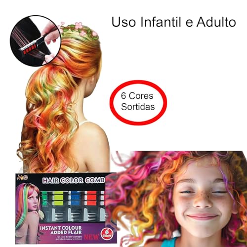 Giz de Cabelo Tintura Temporária: Kit 6 Cores Sortidas Infantil Dia das Crianças