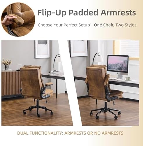 VINGLI Comfy Brown Leather Office Desk Chair,Ergonomic High-Back Computer Gaming Chair with Replaceable Wheels,Dual-Base,Adjustable Height&Armrests,360 Swivel Task Chair for Home Office,Vintage,Rustic - Thumbnail 5