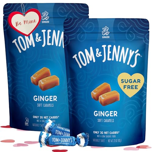 Tom & Jenny's Sugar Free Candy (Soft Caramel) with Ginger and Vanilla - Low Net Carb Keto Candy - with Allulose and Maltitol - (Ginger Caramel, 2-pack)