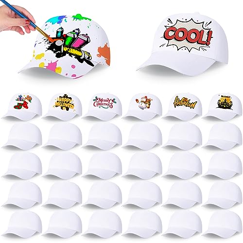 JaGely 30 Pcs DIY Kids Baseball Caps Hats White Adjustable White Baseball Hat for Boys Girls Camp Birthday Painting Activity