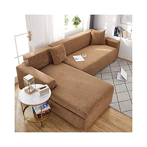 Housse canapé 3 places premium marron clair aspect feuilles, textile durable et extensible - 2