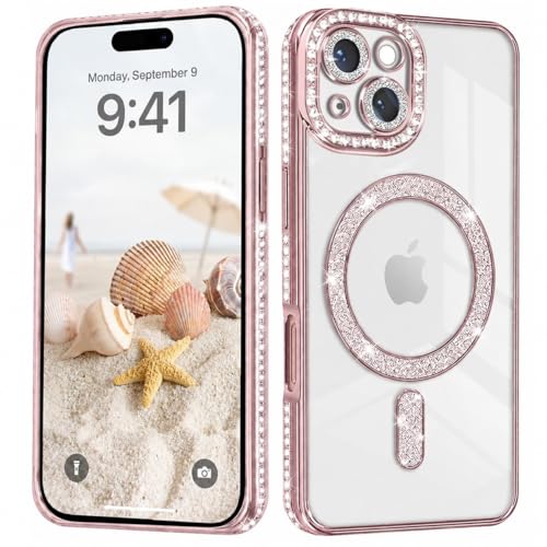 Image of Elzzi Compatible with (iPhone 15 Case) Clear Luxury Diamond Glitter Case |Camera Lens Protector with Glitter Ring | Premium Shockproof Glossy Shiny Back Cover Case for Girls Women -Pink
