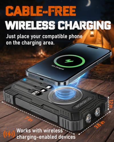Image of Solar Charger Power Bank - 49800mAh Solar Phone Charger with USB-C in /Output, QC 3.0 Fast Charging with LED Flashlight, Built-in 4 Cables, IP65 Waterproof Fits for Outdoor (Black)
