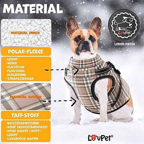 LOVPET® Hundejacke Hundemantel mit Geschirr, inkl. 45 Stück Kotbeutel + Spender, Hunde Winterweste gefüttert wasserdicht, Gepolsterte Weste Mit Brustgurt, Reflektoren, D-Ring XL, Beige